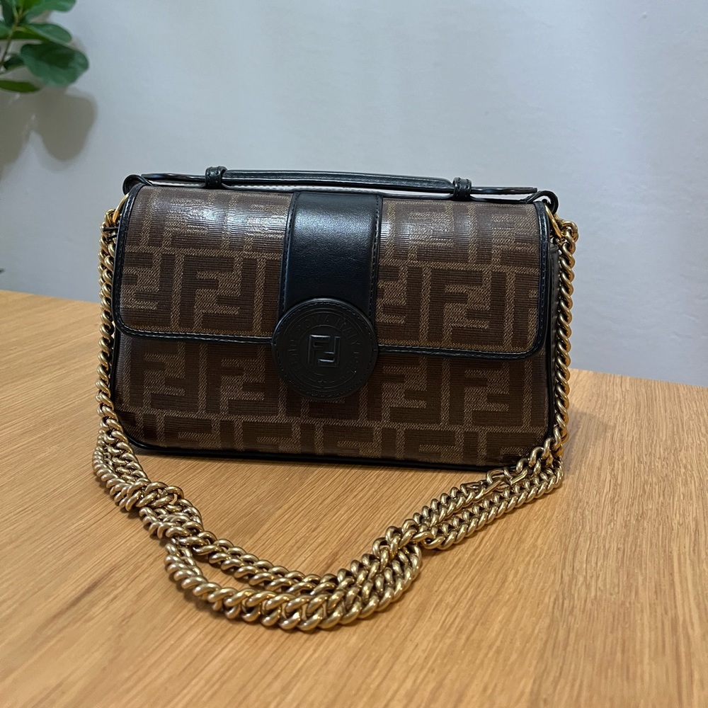 Fendi Women's Brown Double F Logo Print Leather Cross Body Bag
